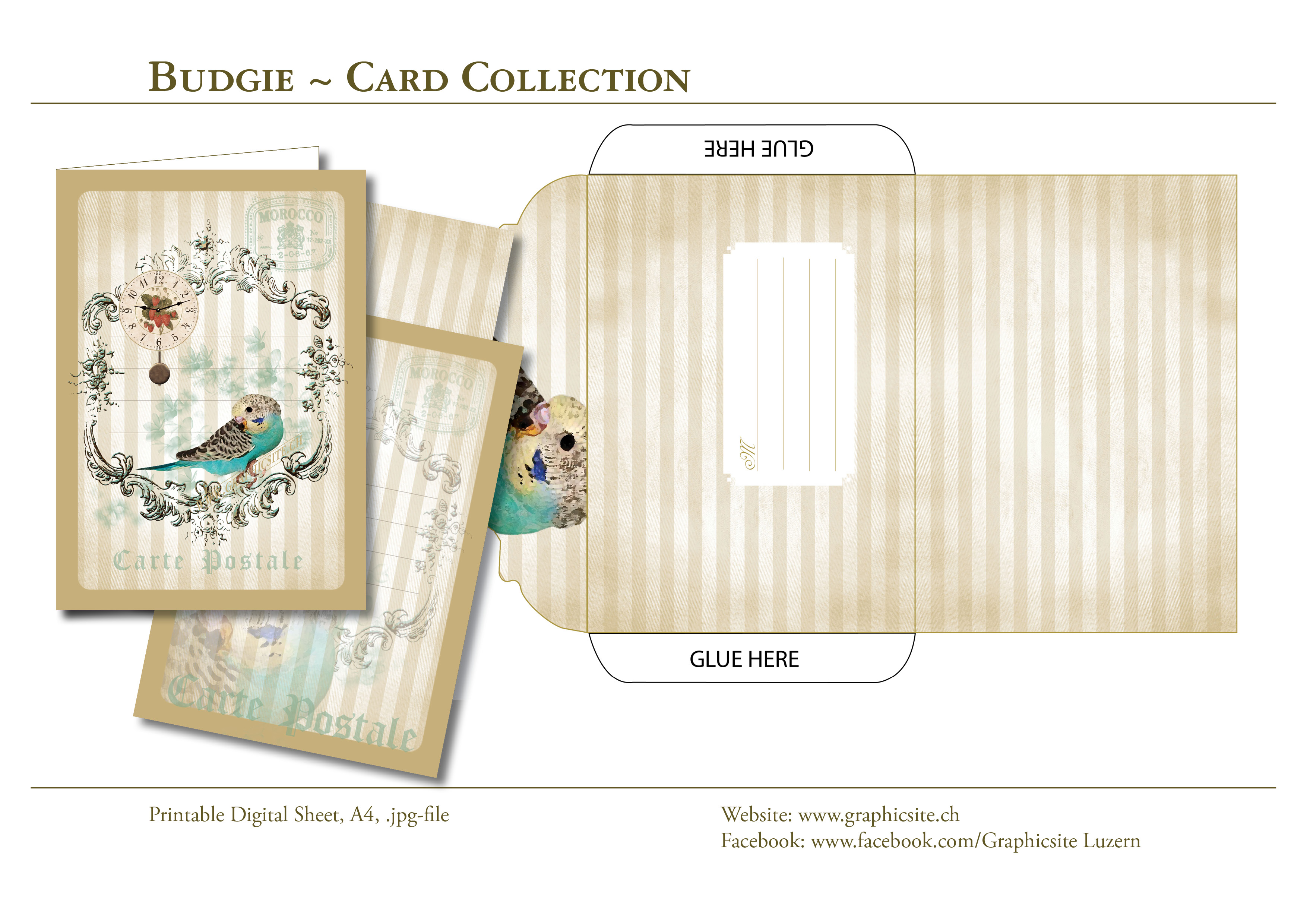 Printable Digital Sheets - DIN A-Formats - Budgie Card Collection - Vintage, cards, birds, ornamental, stripes, clock, greetingcards, envelope, graphic design luzern, Schweiz